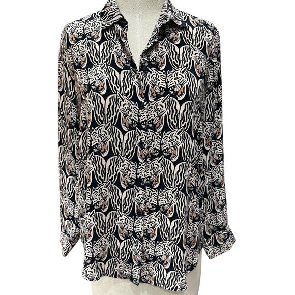 Monki Women’s Jungle Cat Print Button-Up Blouse Black White Beige Size Small - Picture 1 of 3